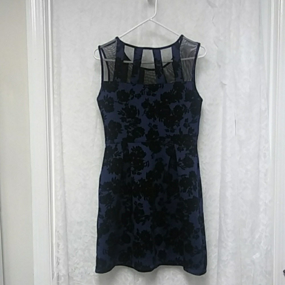 Blue & black floral Print Burnout dress W Mesh Neckline Short Sleeve Grunge Y2k